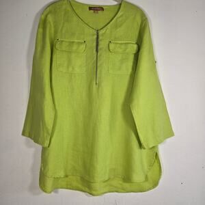 Ellen Tracy Womens Lime Green 100% Linen Roll Tab Front Zip Tunic. Size Medium.